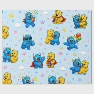 Fröhliche Monsterfreunde Sterne und Wolken Muster Geschenkpapier