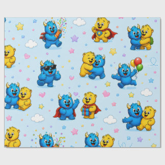 Fröhliche Monsterfreunde Sterne und Wolken Muster Geschenkpapier