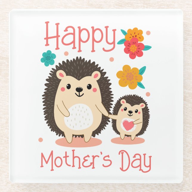 Fröhliche Mutter Tag Mama und Baby-Igel Glasuntersetzer (Vorderseite)