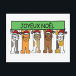 Fröhliche Noel French Happy Christmas Cats Feiertagspostkarte<br><div class="desc">A row of cartoon cats wearing santa hats. The cats are holding up a dark green banner that say 'Happy Christmas in French. The image has hat crisp white background.</div>