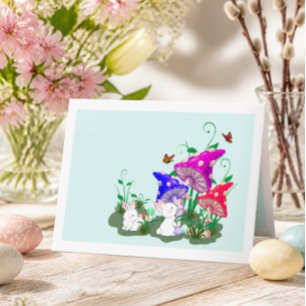 Fröhliche Osterkarte Kaninchen & bunte Pilze Karte