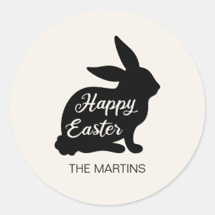 Fröhliche Ostern-Hasen-Silhouette Schwarz Weiß Nam Runder Aufkleber