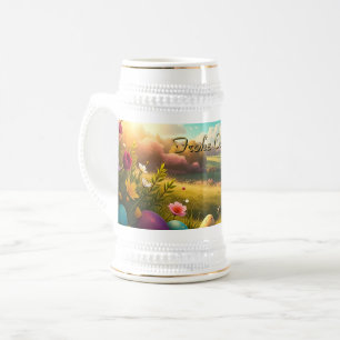 Fröhliche Ostern in einer Frühlingslandschaft Bierglas