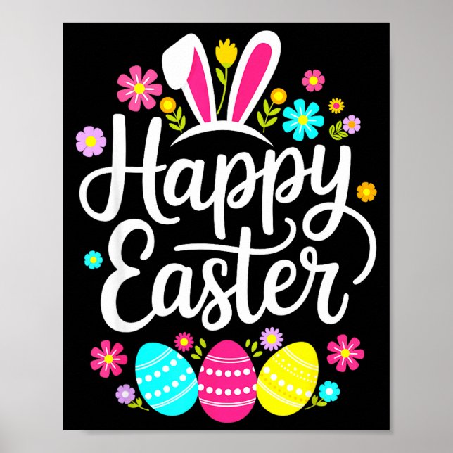 Fröhliche Ostern Sprüche süße Ei-Hase Blumen Damen Poster (Vorne)