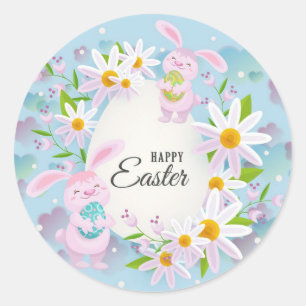 Fröhliche Ostern-Trendy-Hasen-Blumen Runder Aufkleber