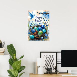 Fröhliche Ostern Wasserfarben-Hasen-Nest-Karte Poster