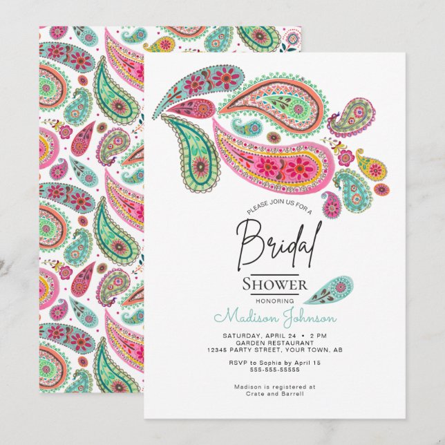 Fröhliche Paisley Pink & Türkis Folklorekunst Einladung (Vorne/Hinten)