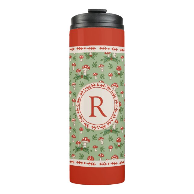 Fröhliche Pilze-Monogramm Thermosbecher (Vorderseite)