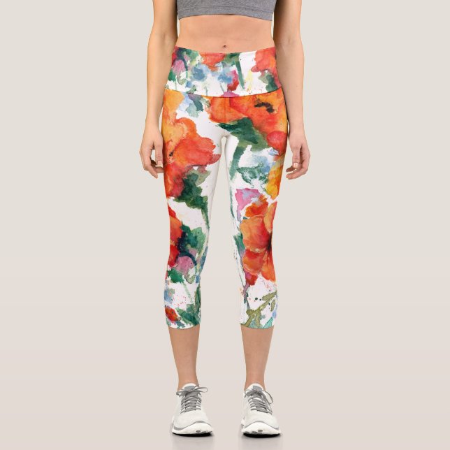 Fröhliche Poppies Rote Drei-Sterne-Kunst Capri Leggings (Vorderseite)