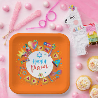Fröhliche Purim-Korbgaben, Dekoration, Ornamente Pappteller