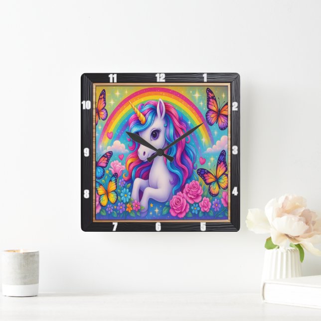 Fröhliche Rainbow Unicorn-Blume Quadratische Wanduhr (Zuhause)