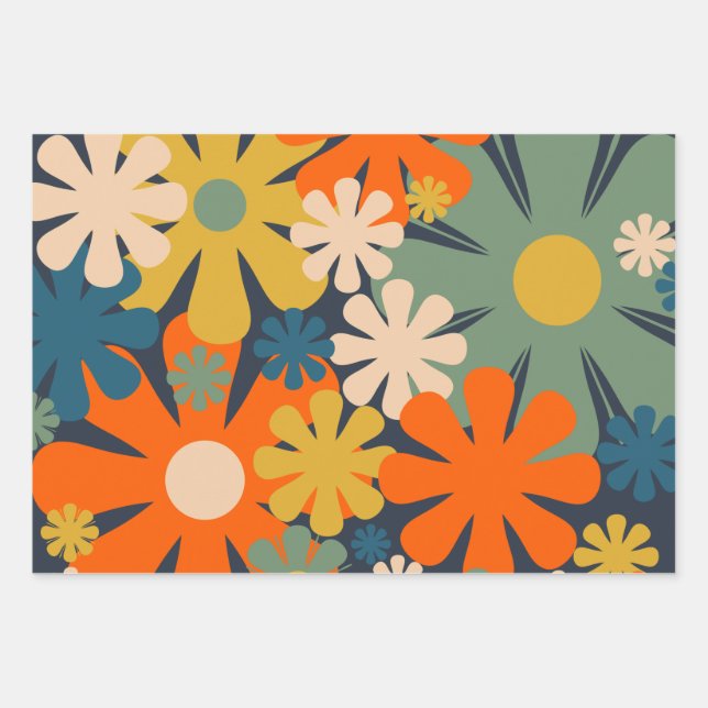 Fröhliche Retro 60er 70er Blume Blumenmuster Geschenkpapier Set (Vorderseite 3)