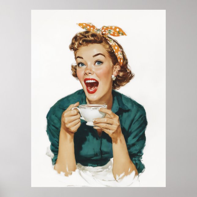 Fröhliche Retro-Frau genießt Kaffee Poster (Vorne)