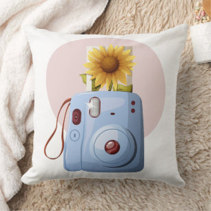 Fröhliche Retro-Sofortkamera mit Sonnenblumen-Foto Kissen
