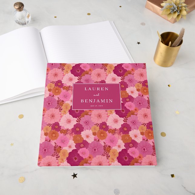 Fröhliche rosa Blumenfeier Gästebuch (Vorderseite offen)