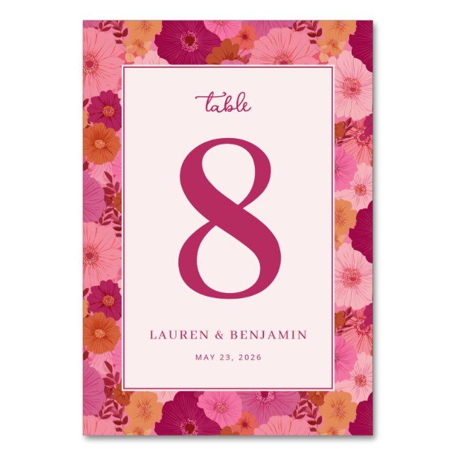 Fröhliche rosa Blumige Tischnummer (Vorderseite)