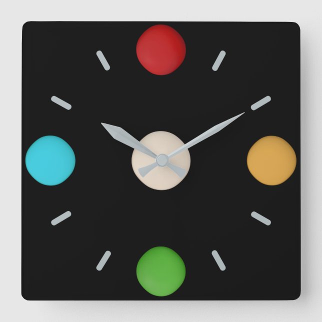 Fröhliche rote, gelbe blaue Punkte Quadratische Wanduhr (Vorderseite)