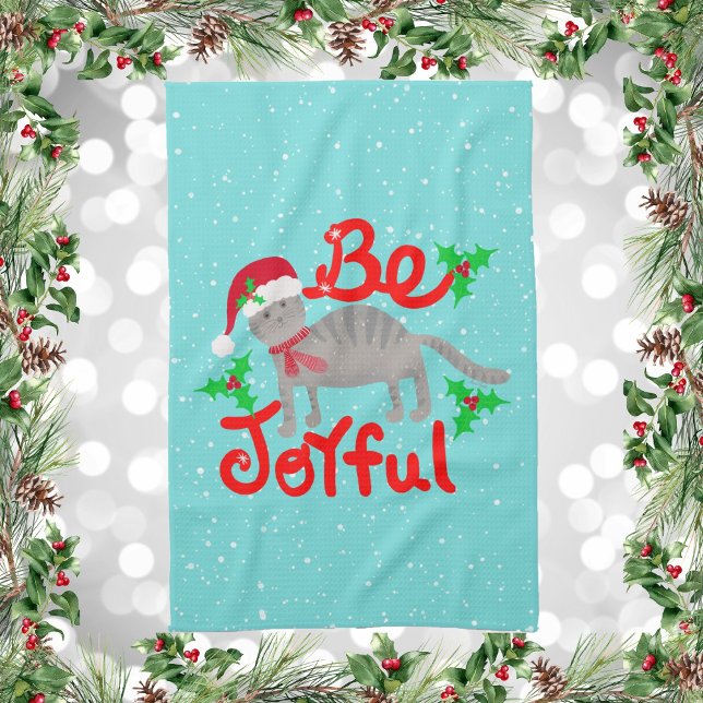 fröhliche Santa Cat Holly Freude Design Geschirrtuch (Be Joyful Santa Cat and Holly Berries Kitchen Towel)
