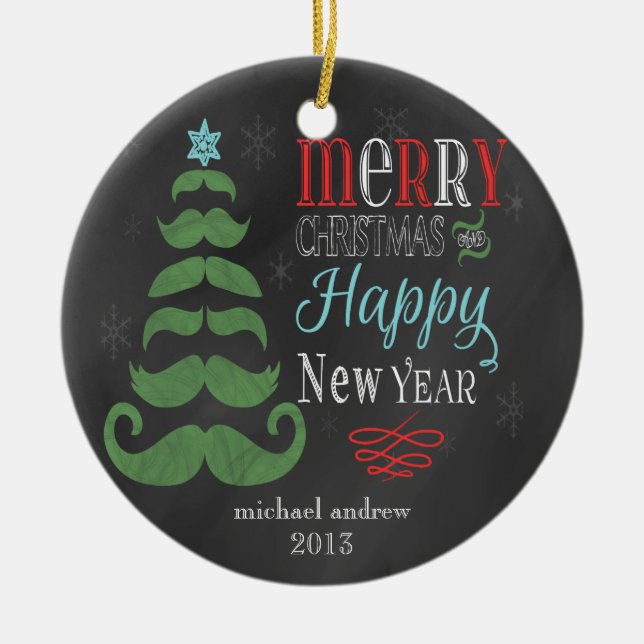 Fröhliche Schnurrbart-Tafel-Weihnachtsverzierung Keramik Ornament (Vorne)