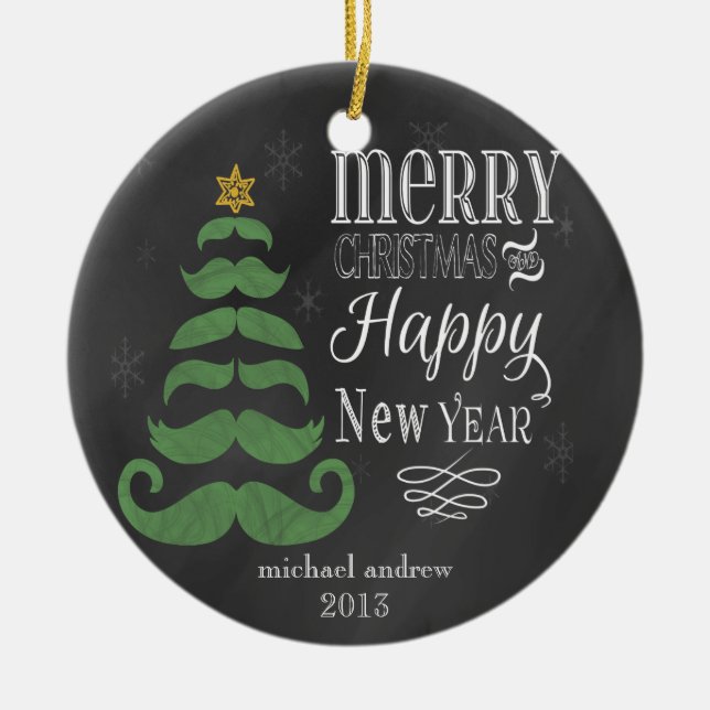 Fröhliche Schnurrbart-Tafel-Weihnachtsverzierung Keramikornament (Vorne)