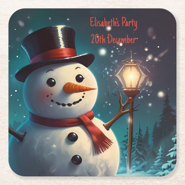 Fröhliche Snowman-Party Einladung - Festivalkarte. Rechteckiger Pappuntersetzer (Vorderseite)