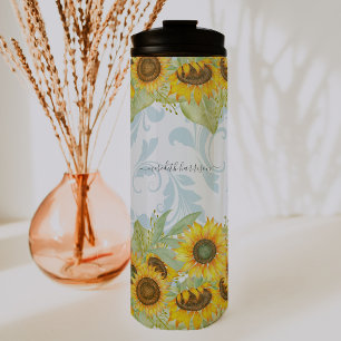 Fröhliche Sommer-Sonnenblume & Paisley Monogramm Thermosbecher