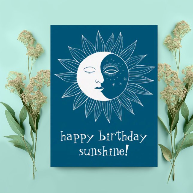 fröhliche Sonne & Mond GLÜCKLICH GEBURTSTAG CUSTOM Postkarte (Sweet happy birthday boho postcard with sun and moon illustration. Add custom text)