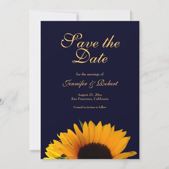 Fröhliche Sonnenblume Save the Date Navy Blue Einladung (Vorderseite)