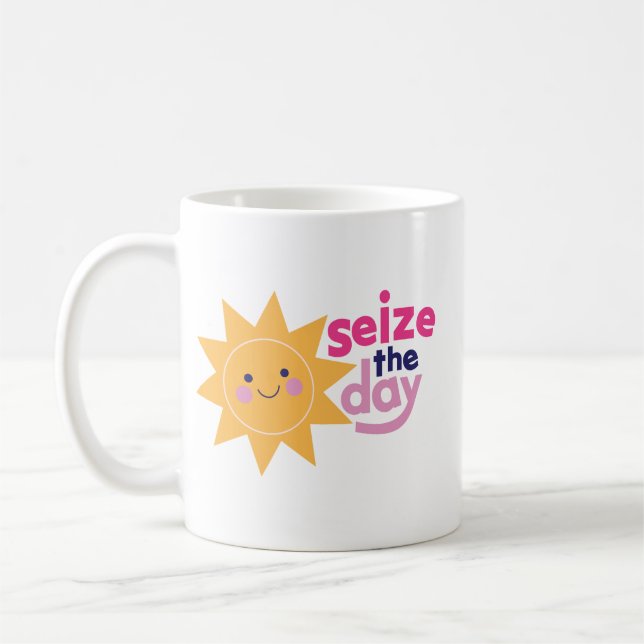 Fröhliche Sonnenscheinmotivation Lächeln Sun Phras Kaffeetasse (Links)