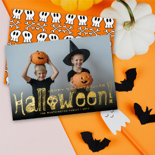 Fröhliche Spooktacular Halloween-Schädel & Knochen Folien Feiertagskarte