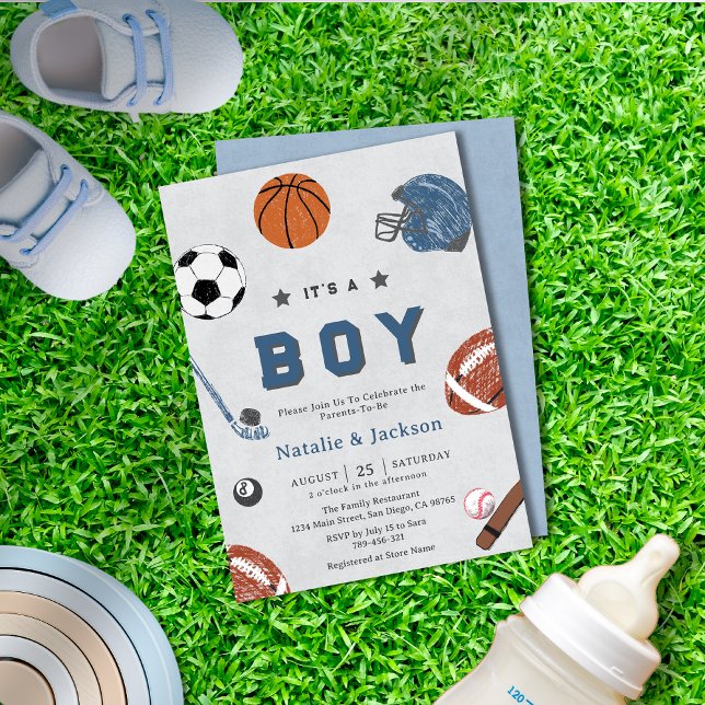 Fröhliche Sport Thema Kinderdusche Einladung (Cheerful Sport Theme Baby Boy Shower Invitation)