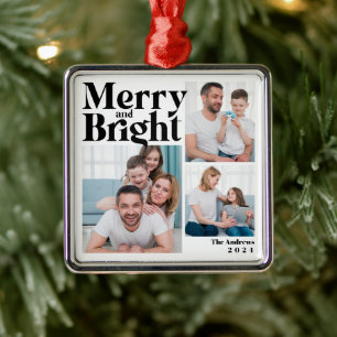 Fröhliche & strahlende 3-Familien-Foto-Collage Wei Ornament Aus Metall
