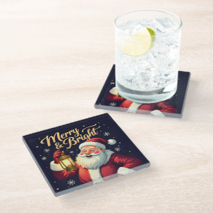 Fröhliche, strahlende Santa-Claus-Illustration mit Glasuntersetzer