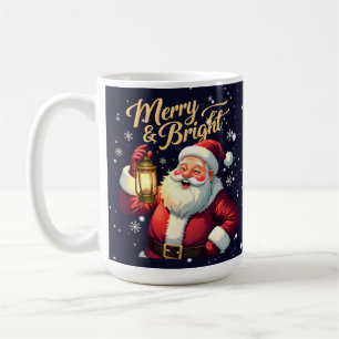 Fröhliche, strahlende Santa-Claus-Illustration mit Kaffeetasse