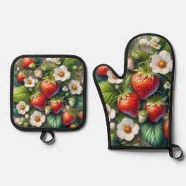 Fröhliche Strawberry Red Berry Ofenhandschuh & Topflappen-Set