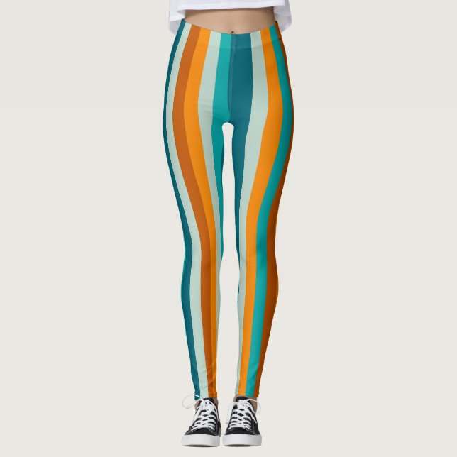 Fröhliche Streifen Vertikales Aqua Orange Rost Leggings (Vorderseite)