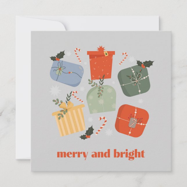 Fröhliche und helle Weihnachtsfeier-Geschenkboxen Feiertagskarte (Vorderseite)