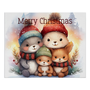 Fröhliche Waldtierfamilie Frohe Weihnachten Poster
