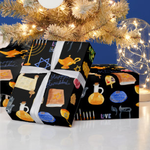 Fröhliche Wasserfarbe Hanukkah Illustrationsmuster Geschenkpapier