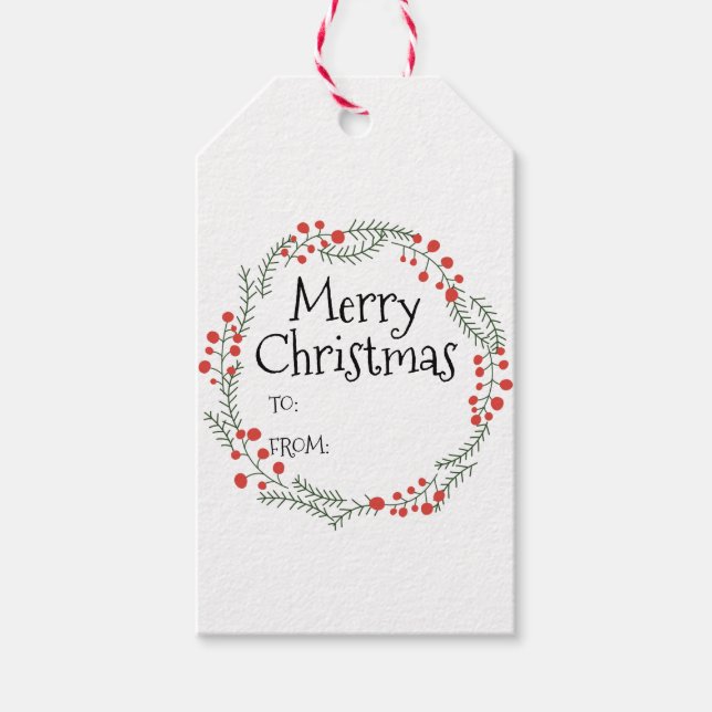 Fröhliche Weihnachten bis aus rustikalem Kranzrahm Geschenkanhänger (Vorderseite)