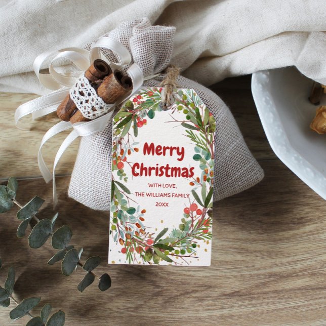 Fröhliche Weihnachten Elegantes Wasserfarben Wreat Geschenkanhänger (Von Creator hochgeladen)
