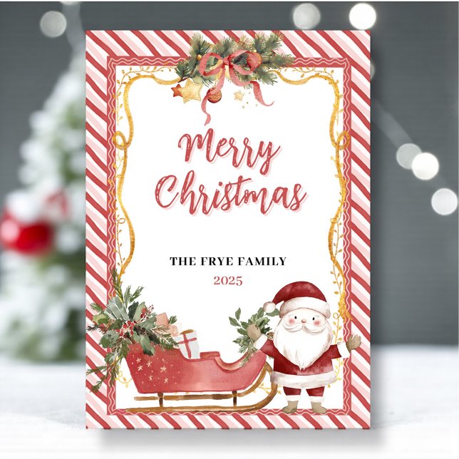 Fröhliche Weihnachten Flach Grußkarte Weihnachtsma (Watercolor Santa and red sleigh festive Christmas card)