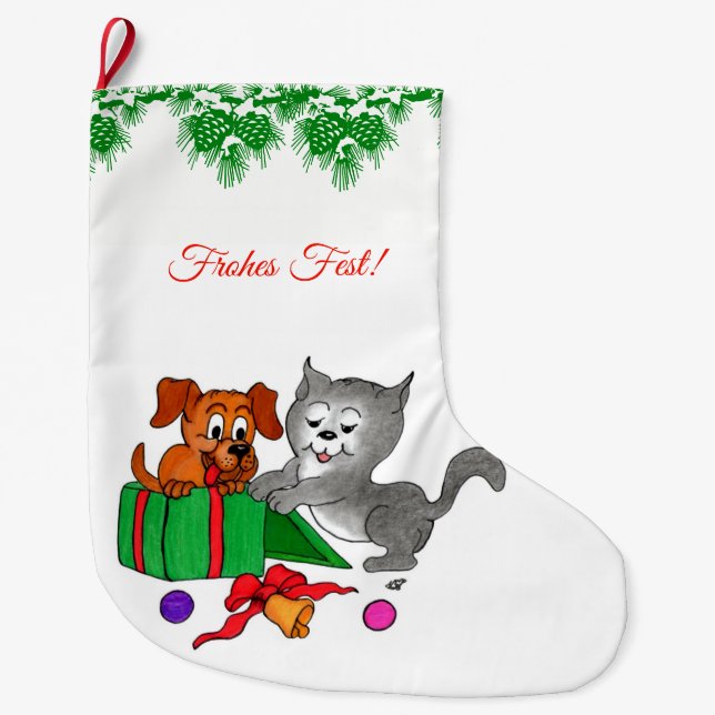 Fröhliche Weihnachten, Hund und Katze auf Deutsch Großer Weihnachtsstrumpf (Vorderseite)
