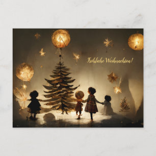 Fröhliche Weihnachten. Kinder tanzen um Baum Postkarte