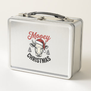 Fröhliche Weihnachten Kuh Santa Hut Vintage Gravur Metall Brotdose