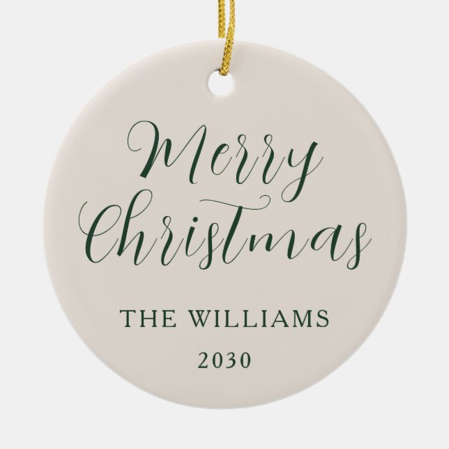 Fröhliche Weihnachten Modernes Drehbuch Beige Gree Keramik Ornament (Vorne)