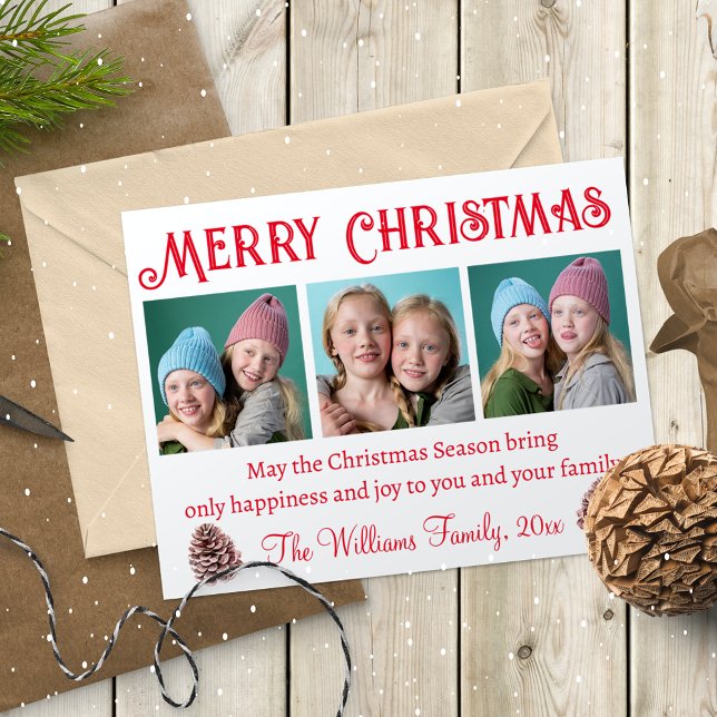 fröhliche Weihnachten, rote Typografie 3 Fotos Col Postkarte (Von Creator hochgeladen)