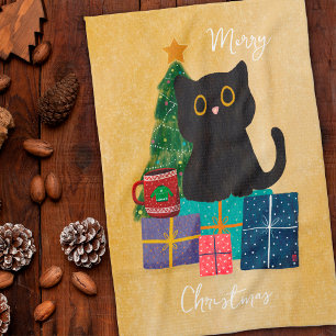 Fröhliche Weihnachten Schwarze Katze Kaffee Orange Geschirrtuch