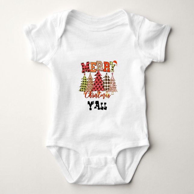 fröhliche Weihnachten und karierte Weihnachtsbäume Baby Strampler (Vorderseite)