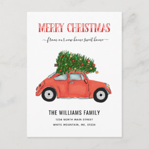 Fröhliche Weihnachten Vintager Rote Autos Ankündigungspostkarte